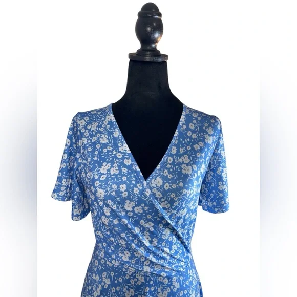 Fensace Blue Floral Sundress Midi V-neck wrap Dress - Picture 3 of 9